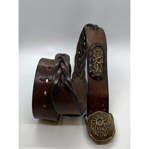 Brown Genuine Leather Women's Belt Size 38-40 Brass Buckle Spider Emblems Unique